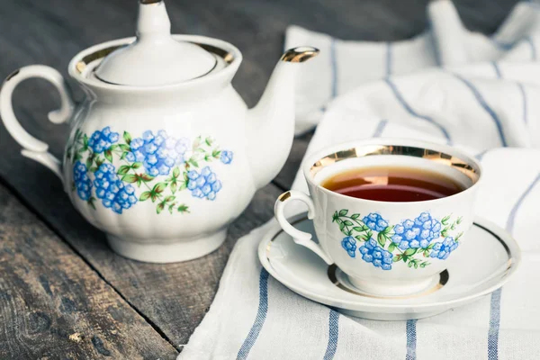 Still Life Tea Cup Tablecloth Wooden Table — Stock Photo, Image