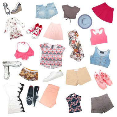 Beyaz arka plan üzerinde izole farklı Bayan giyim