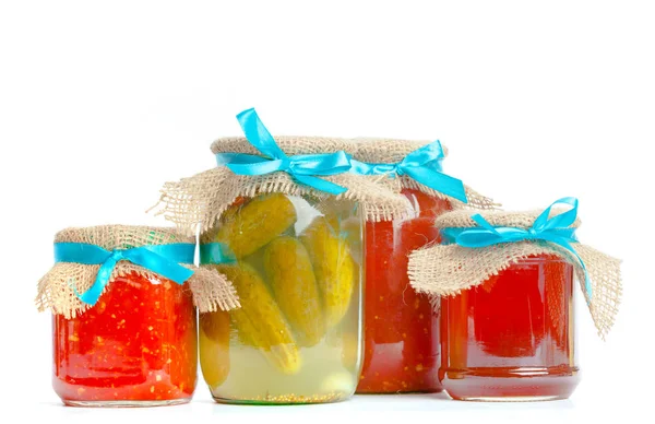 Canned Vegetables Glass Jars Isolated White Background — Stock Photo, Image