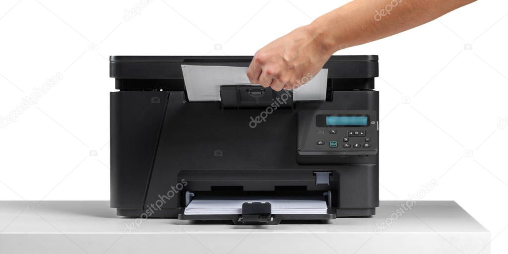 Printer on workplace on table 