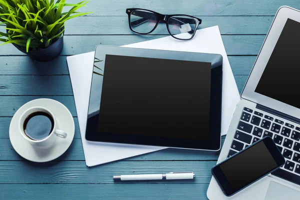 office desk with computer and  business equipment