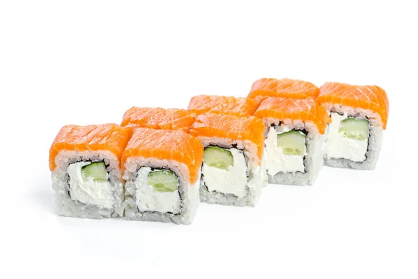 Involtini Sushi Freschi Con Ingredienti Isolati Sfondo Bianco — Foto Stock