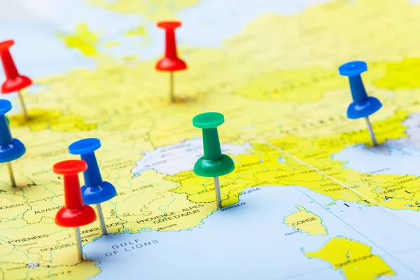 Travel Destination Points Map Indicated Colorful Thumbtacks — Stock Photo, Image