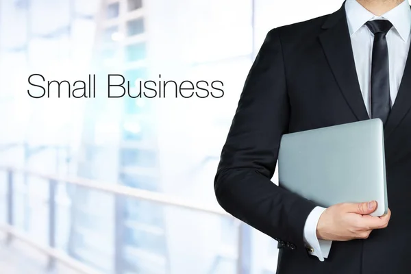 Close Businessman Hands Holding Laptop Standing Text Small Business — Stock Photo, Image