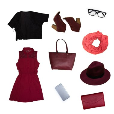 Beyaz arka plan üzerinde elbise kolaj