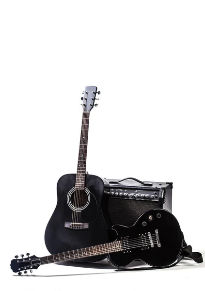 Guitarra Electro Negra Guitarra Acústica Nad Aislada Blanco — Foto de Stock