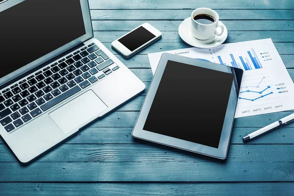 office desk with computer and  business equipment