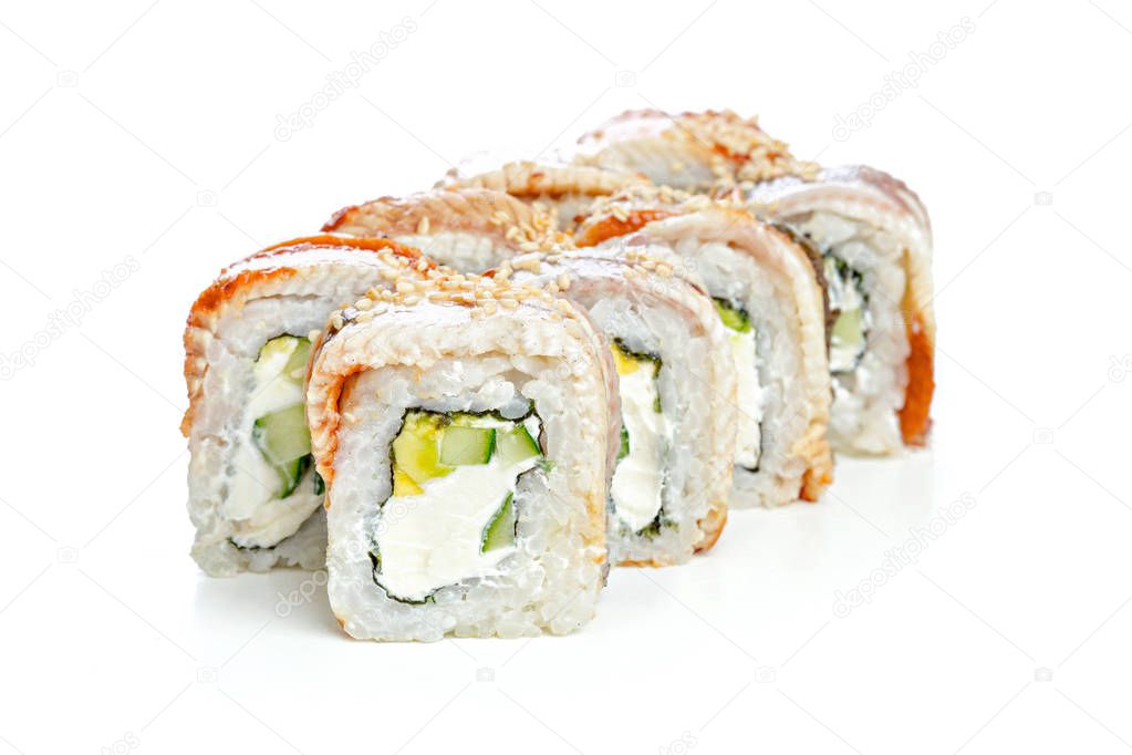 japanese sushi rolls isolated on white background, close-up 