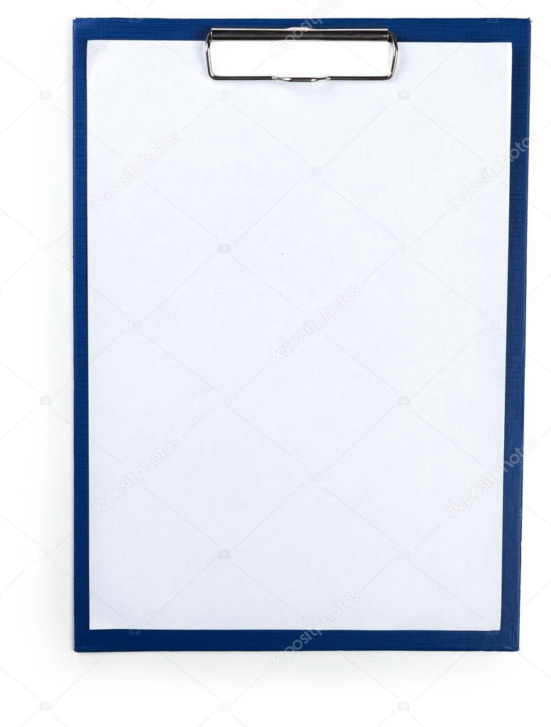 Classic clipboard with blank white paper on isolated background