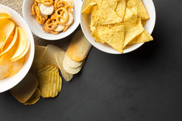 Salty snacks. Pretzels, chips, crackers