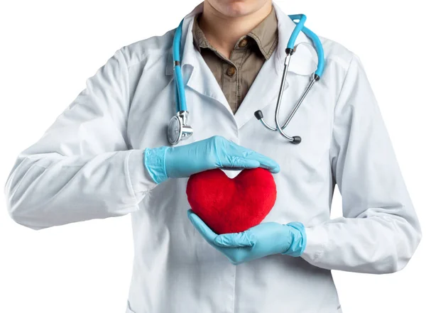 Cardióloga Uniforme Con Corazón Rojo Aislado Sobre Fondo Blanco — Foto de Stock
