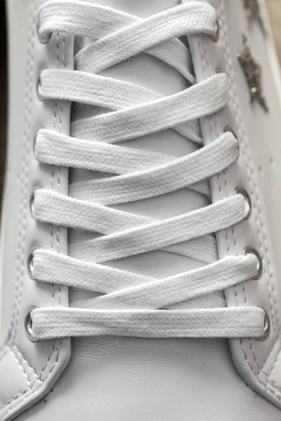 Close White Shoelaces Sneakers — Stock Photo, Image