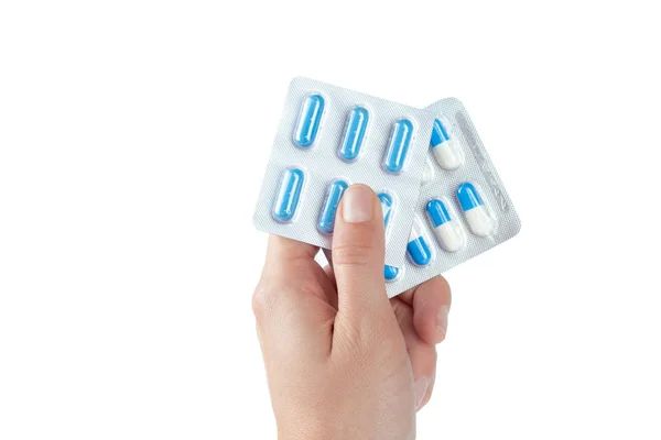 Feminino Mão Segurando Pílulas Isoladas Fundo Branco Close — Fotografia de Stock