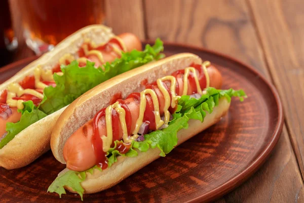 Hot Dogot Fából Készült Háttér — Stock Fotó