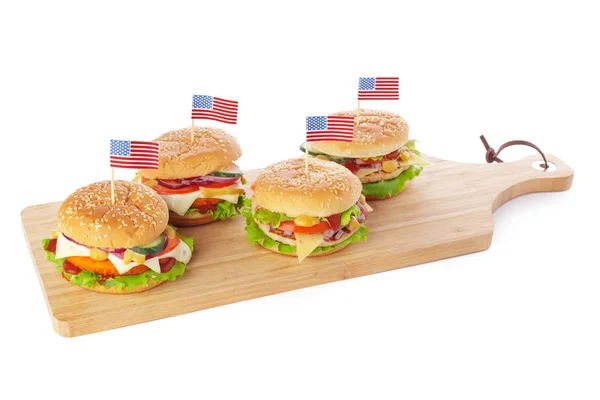 Burgery Amerykańskiej Flagi Ozdoba Drewniane Cięcia Pokładzie Zbliżenie — Zdjęcie stockowe