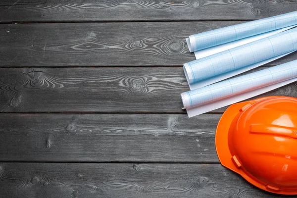 Construction Plan Helmet Wooden Table — Stock Photo, Image