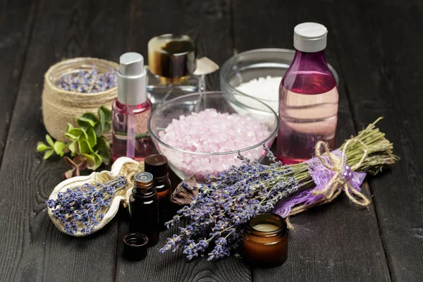 Aromatic Composition Lavender Herbs Cosmetics Salt Dark Table — Stock Photo, Image