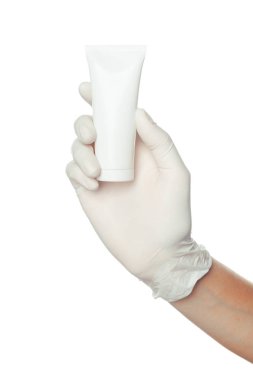 Doktorun elinde mavi steril cerrahi eldiven tıp holding