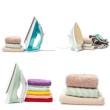 Beyaz arka plan üzerinde izole giyim koleksiyonu yığınları  