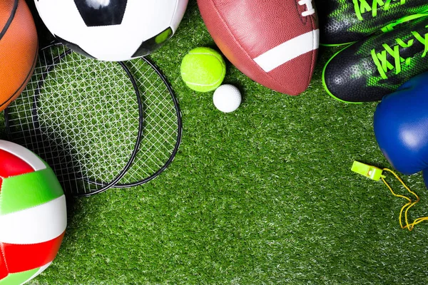 Various Sport Tools Green Grass Close — Stock Photo, Image