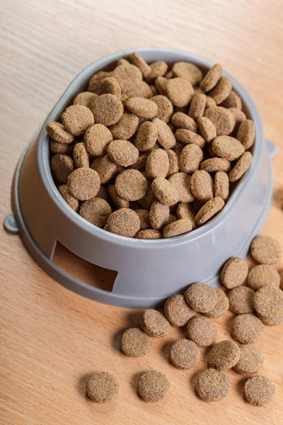 pets food on wooden floor, close-up view