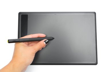 Grafik tablet kalem ve ressamlar ve tasarımcılar, beyaz arka plan üzerinde izole için el ile