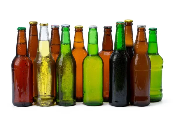 Uppsättning Ölflaskor Isolerad Vit Bakgrund — Stockfoto