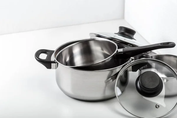 Stainless Steel Pots Pans Isolated White — Stock Photo, Image