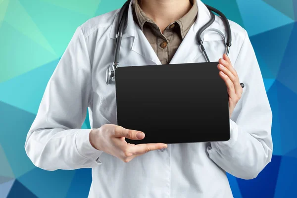 Számítógép Tabletta Kezében Orvos Közelkép — Stock Fotó