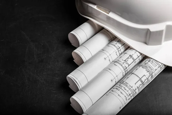 Construction planning drawings on black background — Stock Image Construction Planning Drawings Black Background Royalty Free Stock Images