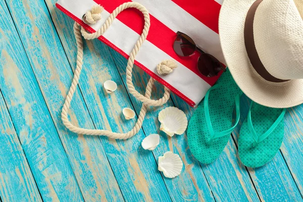 Beach Accessories Blue Wooden Board — Stock Photo, Image