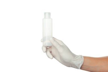 Doktor el içinde mavi steril cerrahi eldiven ilaç şişesi holding 