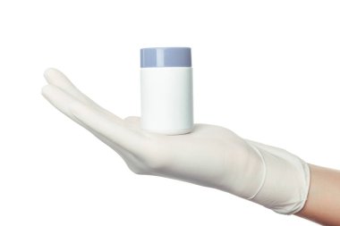 Doktor el içinde beyaz steril cerrahi eldiven tıp holding