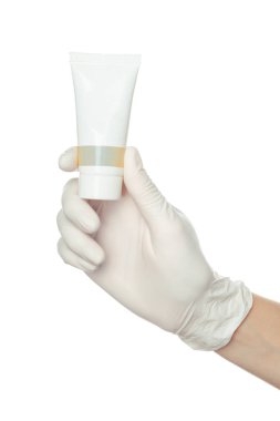 Doktor el içinde mavi steril cerrahi eldiven ilaç krem holding 