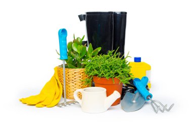 Bahçe araçları üzerinde izole beyaz arka plan, yakın çekim 