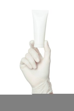 Doktor el içinde mavi steril cerrahi eldiven ilaç krem holding 