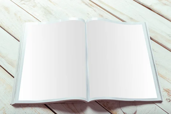 Empty Magazine Pages Wooden Background — Stock Photo, Image