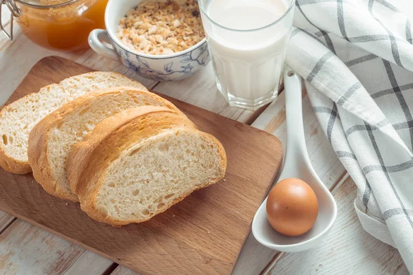 Vida Tranquila Com Produtos Lácteos Leite Ovos Pão — Fotografia de Stock