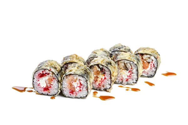 Sushi Rulle Med Färska Ingredienser Isolerad Vit Bakgrund — Stockfoto