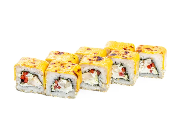 Rotolo Sushi Con Ingredienti Freschi Isolati Sfondo Bianco — Foto Stock