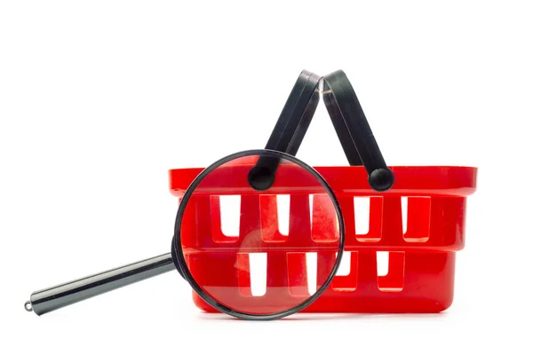 Shopping Red Cart Magnifying Glass Isolated White Background Close — Stock Photo, Image