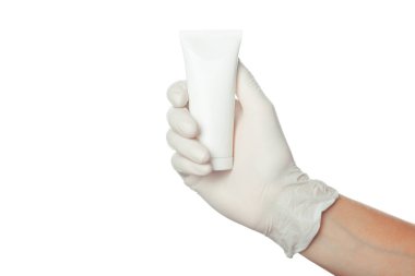 Doktor el içinde mavi steril cerrahi eldiven ilaç krem holding 