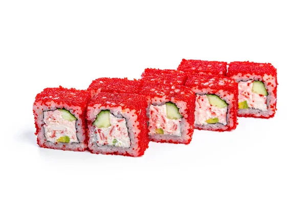 Sushi Rulle Med Färska Ingredienser Isolerad Vit Bakgrund — Stockfoto