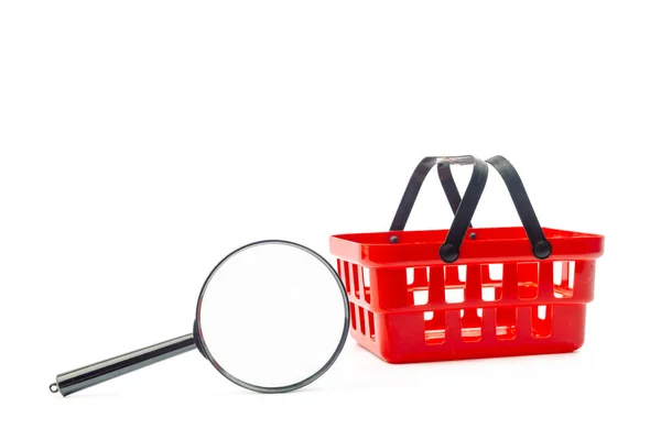Shopping Red Cart Magnifying Glass Isolated White Background Close — Stock Photo, Image