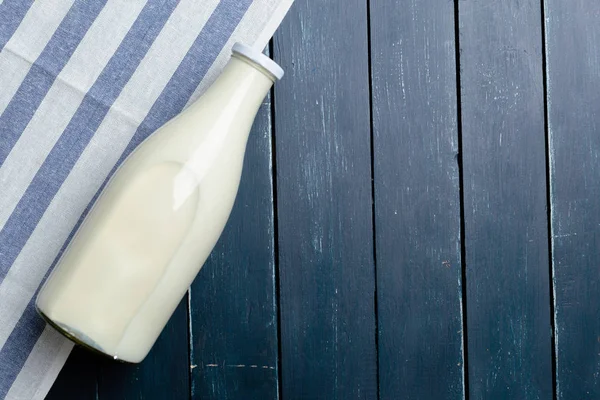 Natural Whole Milk Bottle Wooden Background — Stock Photo, Image