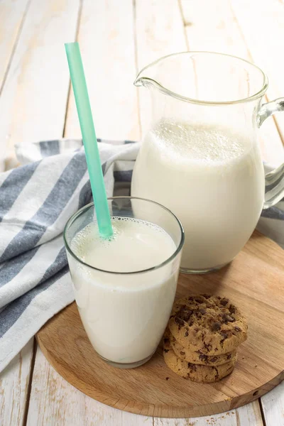 Fresh Milk Glass Jug Glass Wooden Background — Stock Photo, Image