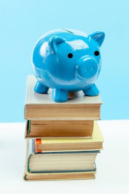 Kitap, yığını üzerinde mavi seramik kumbara yakın çekim  