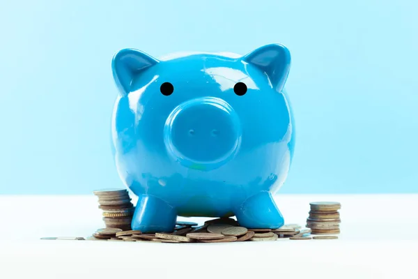 Blue Piggy Bank Pile Coins — Stock Photo, Image
