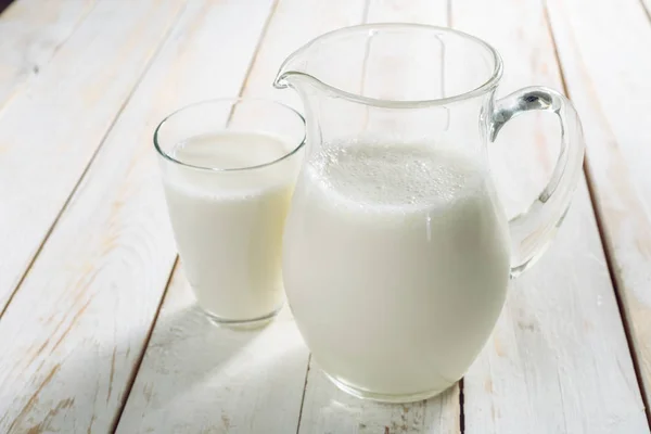 Fresh Milk Glass Jug Glass Wooden Background — Stock Photo, Image