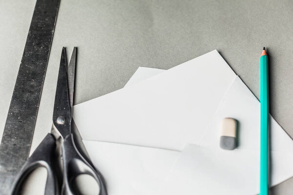 close-up of lots white blank envelopes 